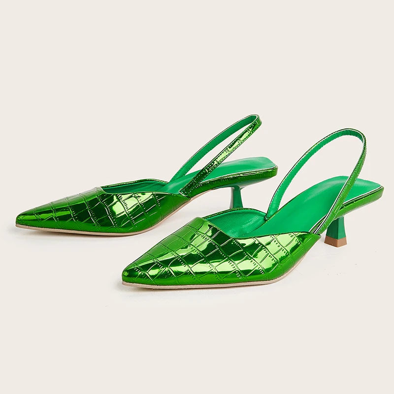 Summer New Back Strap Stone Pattern Purple Pointed Toe Slingback Shoes Brand Wedding High Mules Low Heel Pumps