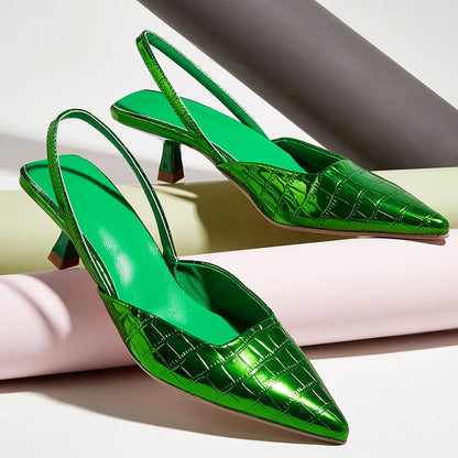 Summer New Back Strap Stone Pattern Purple Pointed Toe Slingback Shoes Brand Wedding High Mules Low Heel Pumps