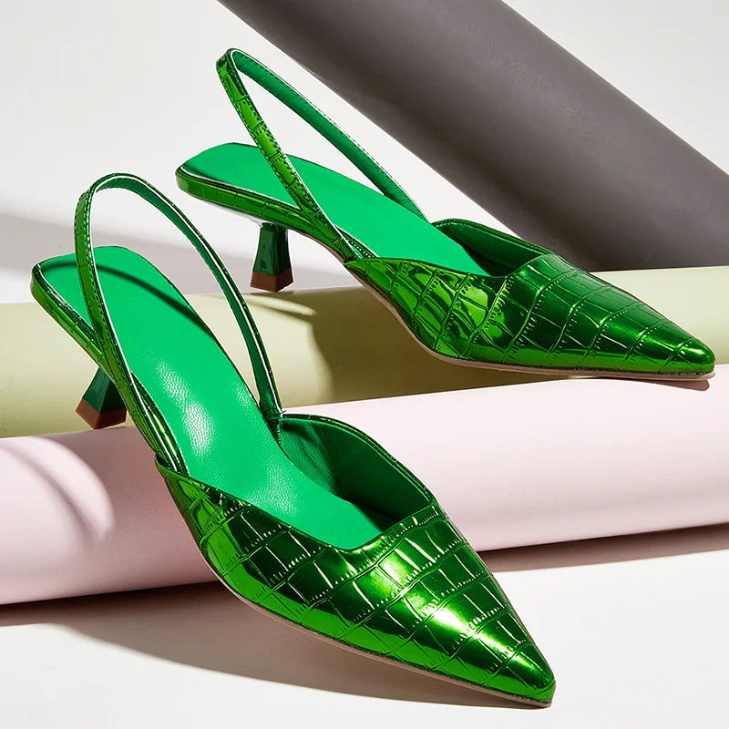 Summer New Back Strap Stone Pattern Purple Pointed Toe Slingback Shoes Brand Wedding High Mules Low Heel Pumps