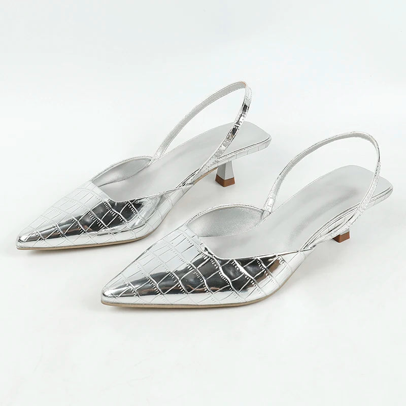 Summer New Back Strap Stone Pattern Purple Pointed Toe Slingback Shoes Brand Wedding High Mules Low Heel Pumps