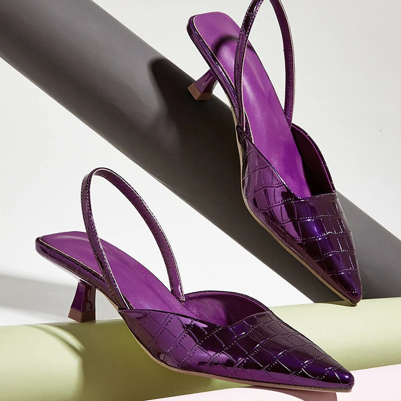 Summer New Back Strap Stone Pattern Purple Pointed Toe Slingback Shoes Brand Wedding High Mules Low Heel Pumps