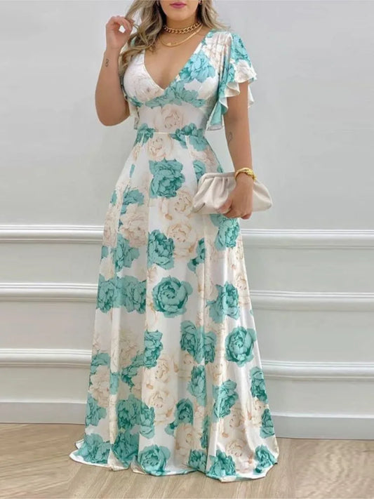 Summer New Flower Print Long Dresses Temperament V-neck Petal Short Sleeves Maxi Dress Lady Commuting Vestido