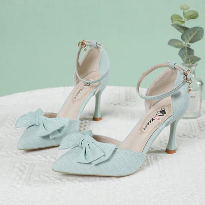 Summer New Slim Shoes One Line Buckle Pointed Highs Bow Shoes Low Heel Pumps