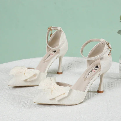 Summer New Slim Shoes One Line Buckle Pointed Highs Bow Shoes Low Heel Pumps
