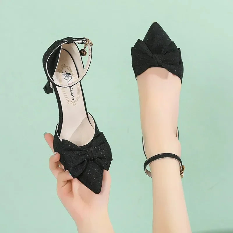 Summer New Slim Shoes One Line Buckle Pointed Highs Bow Shoes Low Heel Pumps