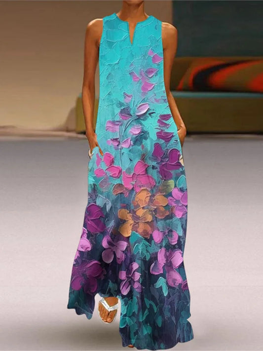 Summer New Flower Printed Long Dresses V-neck Loose Sleeveless Dress Commuting Vestidos Female