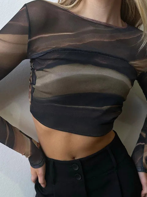 Summer New Clothing Print Mesh Tops Backless Long Sleeve Tees Slim Short Umbilical Cord T-shirts
