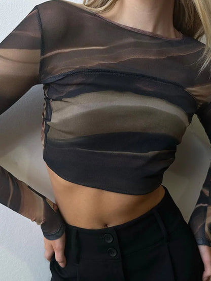 Summer New Clothing Print Mesh Tops Backless Long Sleeve Tees Slim Short Umbilical Cord T-shirts