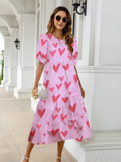 Summer New ’s Print Dress Puff Short Sleeves Ruffles Loose A-line Midi Dresses Beach Vacation Vestidos