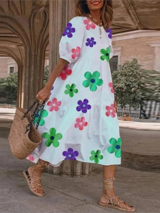 Summer New ’s Print Dress Puff Short Sleeves Ruffles Loose A-line Midi Dresses Beach Vacation Vestidos