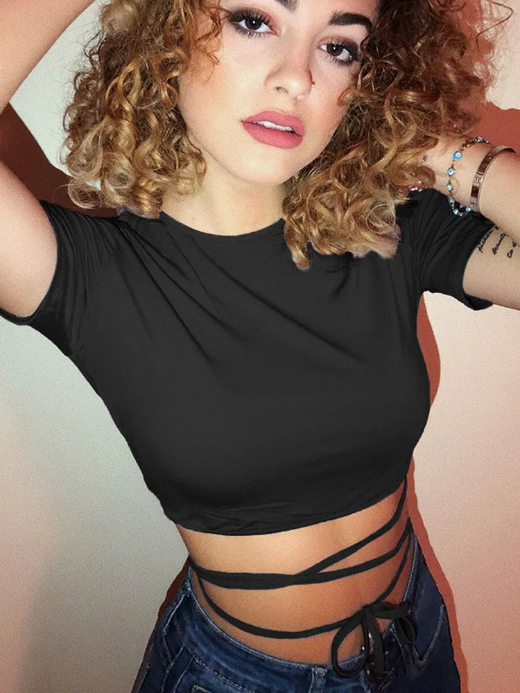 Summer Black Short T-shirts Crop Tops Short Sleeve Bandage Tee Tops Female Shirts