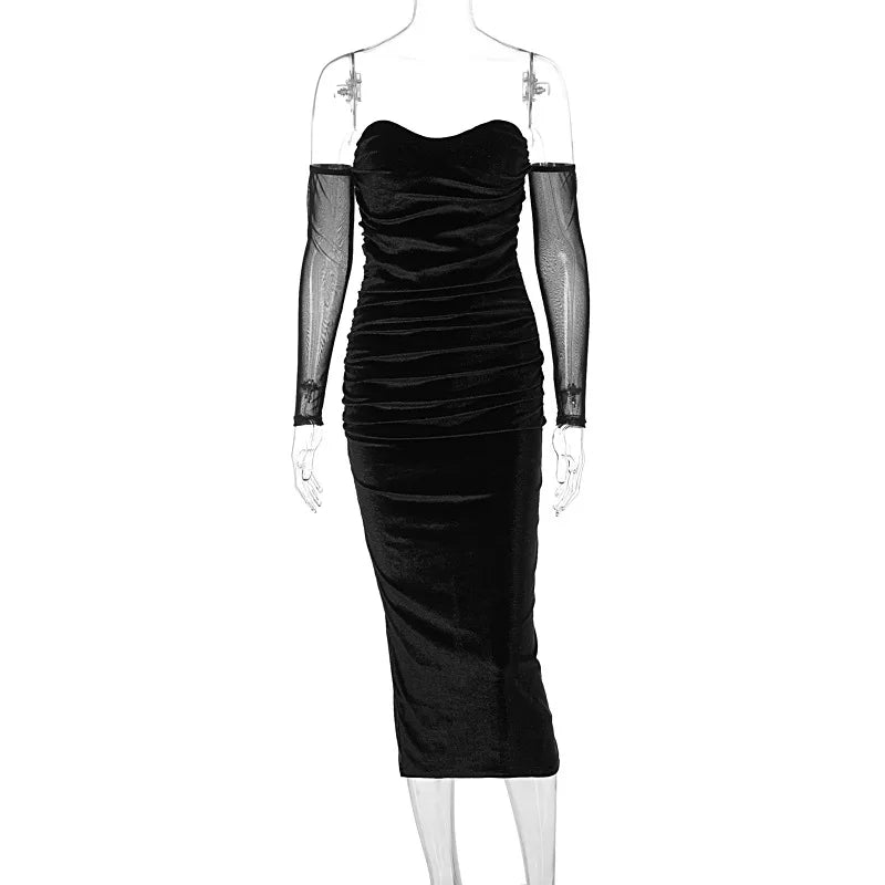 Bodycon Off-the-shoulder Velvet Mesh Y2k Midi Dresses