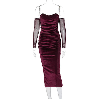 Bodycon Off-the-shoulder Velvet Mesh Y2k Midi Dresses