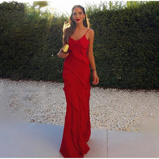 Chiffon Maxi Dress With Ruffles and Backless Split - Long Summer Wedding/christmas Party Outfit