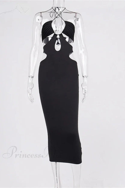 Cut Out Party Evening Black Summer Hollow Out Halter Wrap Long Backless Midi Dress