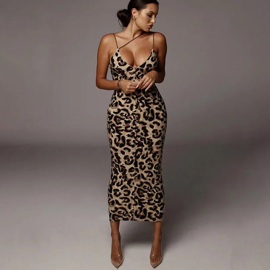 Leopard Print Sleeveless V-neck Spring Christmas Outfits Midi Dresses