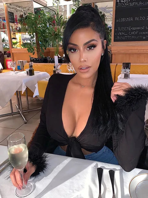 Long Sleeve Fur V-neck Wrapped Bandage Crop Tops Autumn Winter Club Party Outfits T-shirts