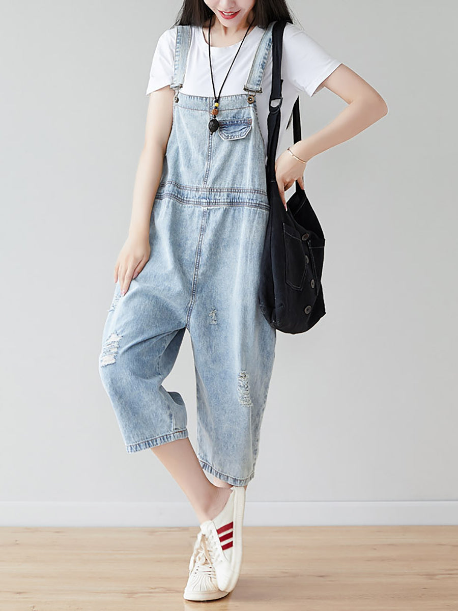 Retro Frayed Claf-length Denim Jumpsuits Co1019