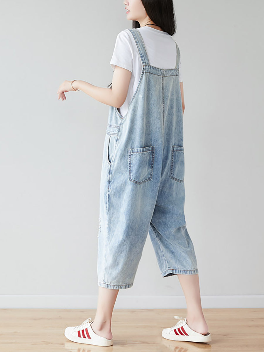 Retro Frayed Claf-length Denim Jumpsuits Co1019