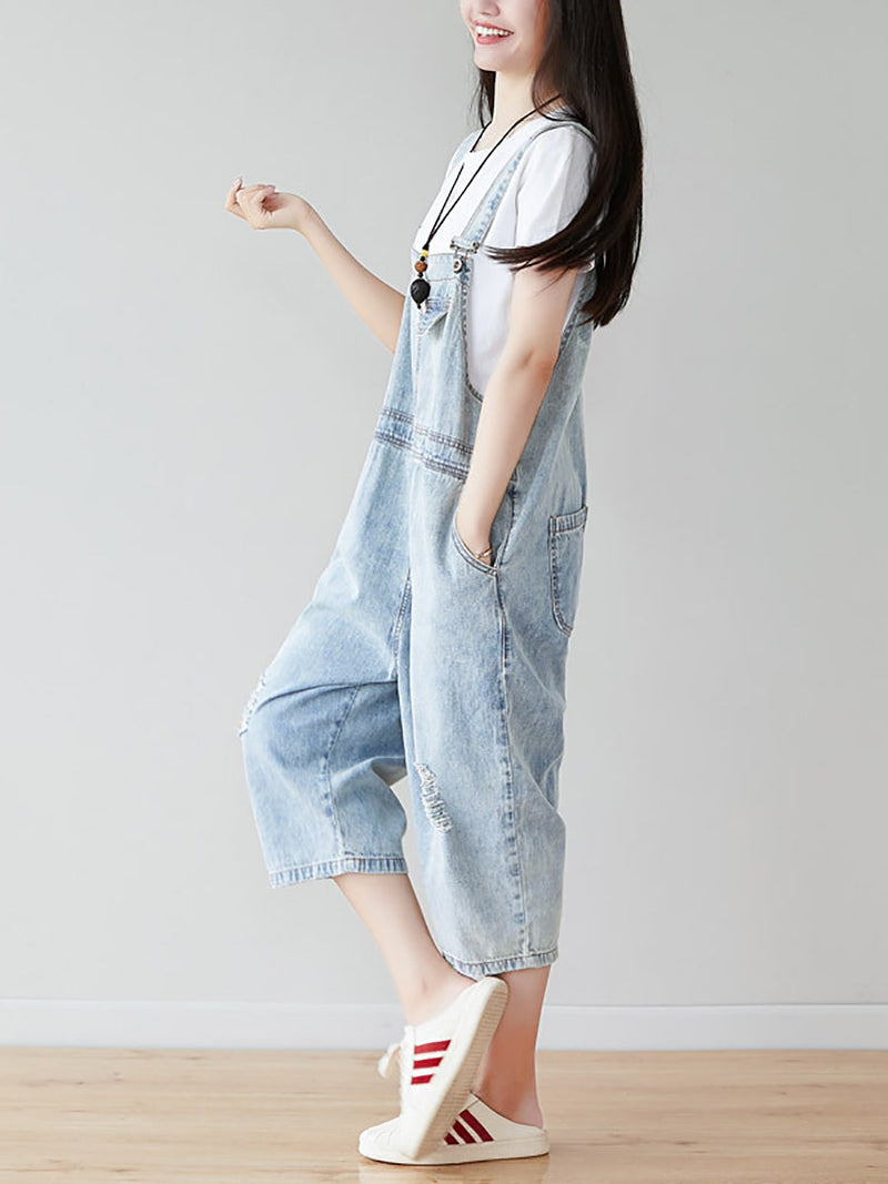 Retro Frayed Claf-length Denim Jumpsuits Co1019