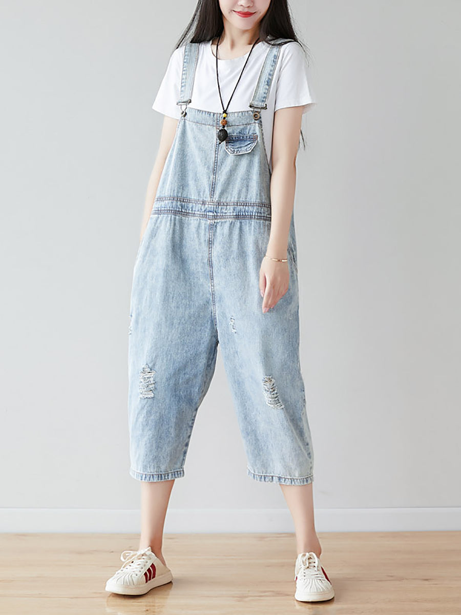 Retro Frayed Claf-length Denim Jumpsuits Co1019