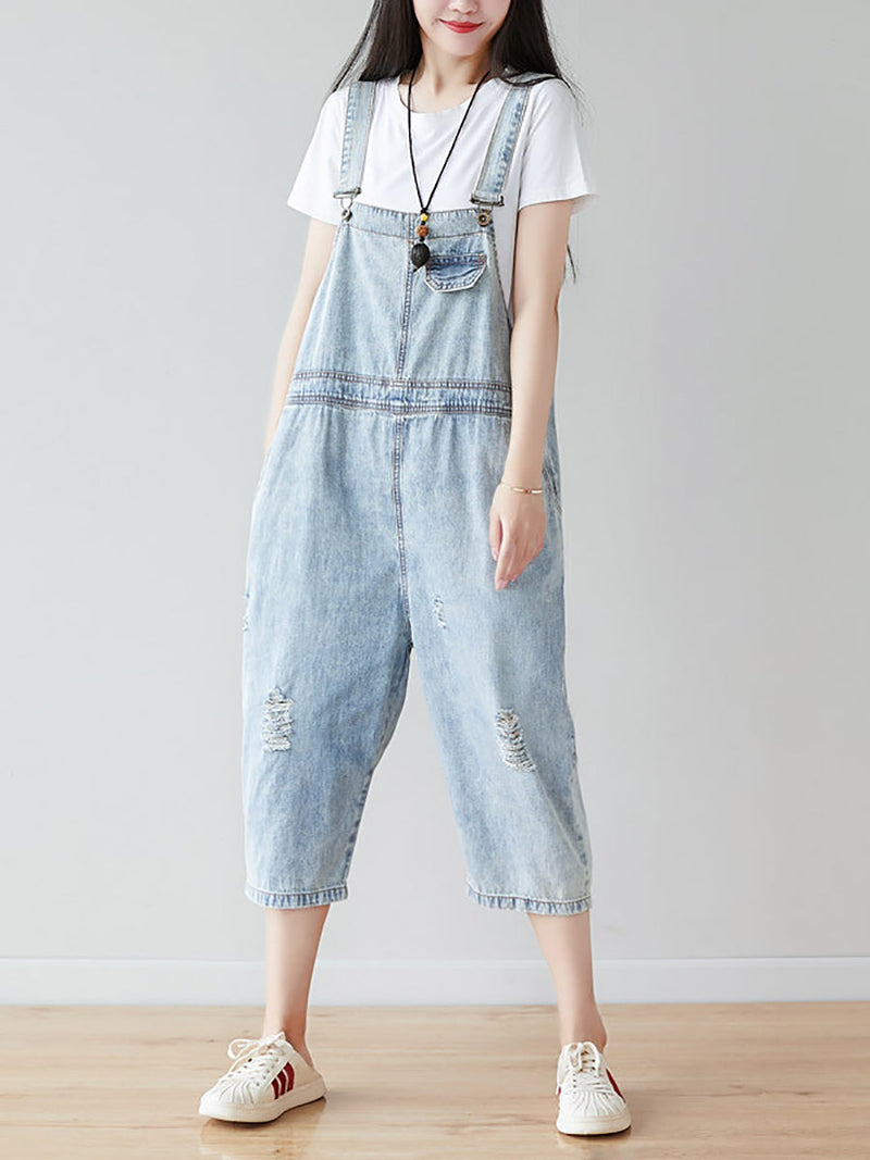 Retro Frayed Claf-length Denim Jumpsuits Co1019