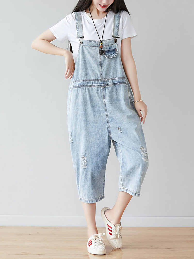 Retro Frayed Claf-length Denim Jumpsuits Co1019