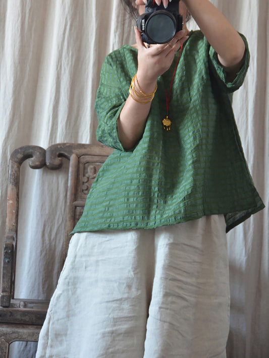 Artsy Stripe Linen O-neck Blouse Co1027