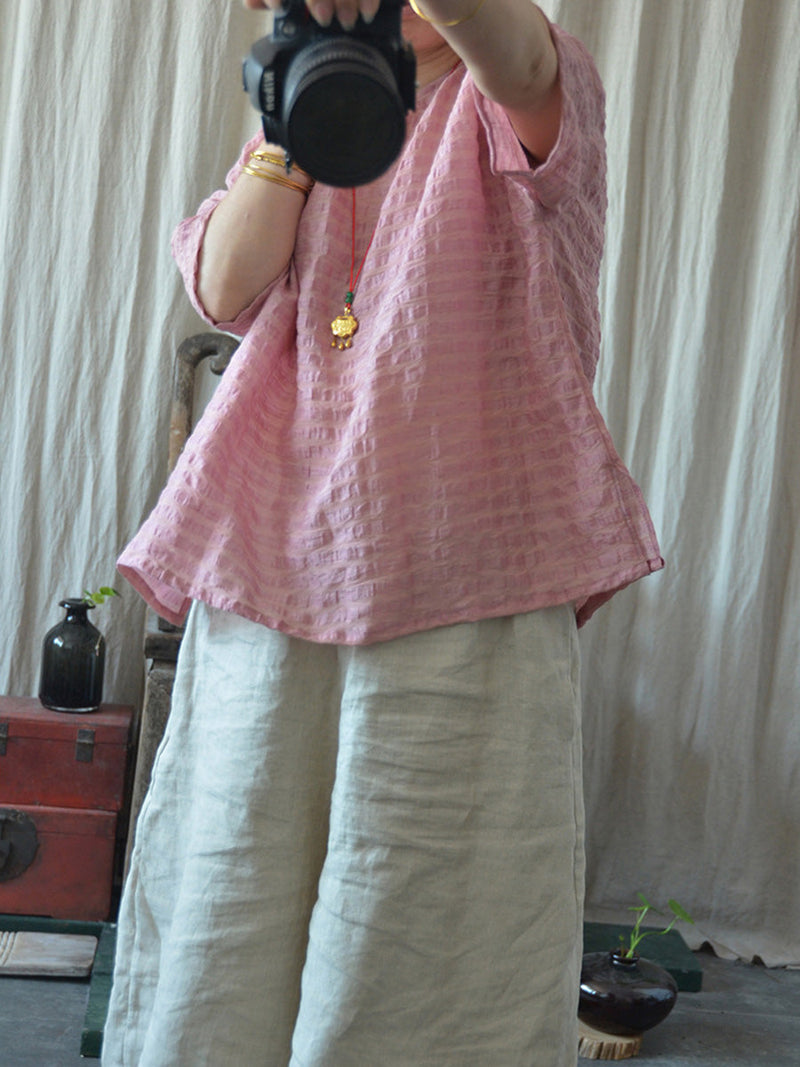Artsy Stripe Linen O-neck Blouse Co1027