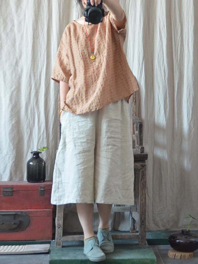 Artsy Stripe Linen O-neck Blouse Co1027