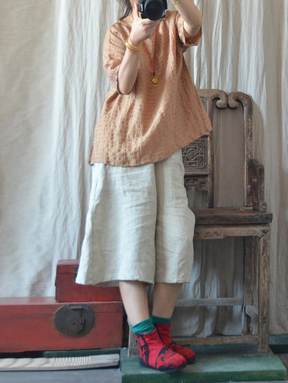 Artsy Stripe Linen O-neck Blouse Co1027
