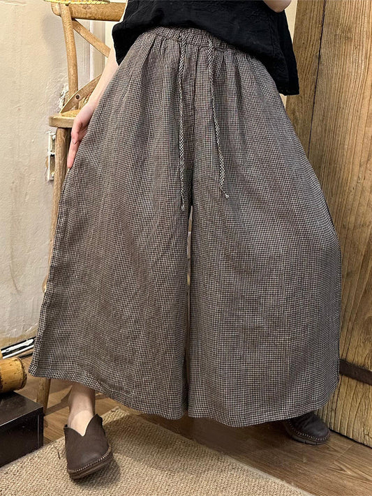 Spring Plaid Wide-leg Cotton Linen Pants Pa1024