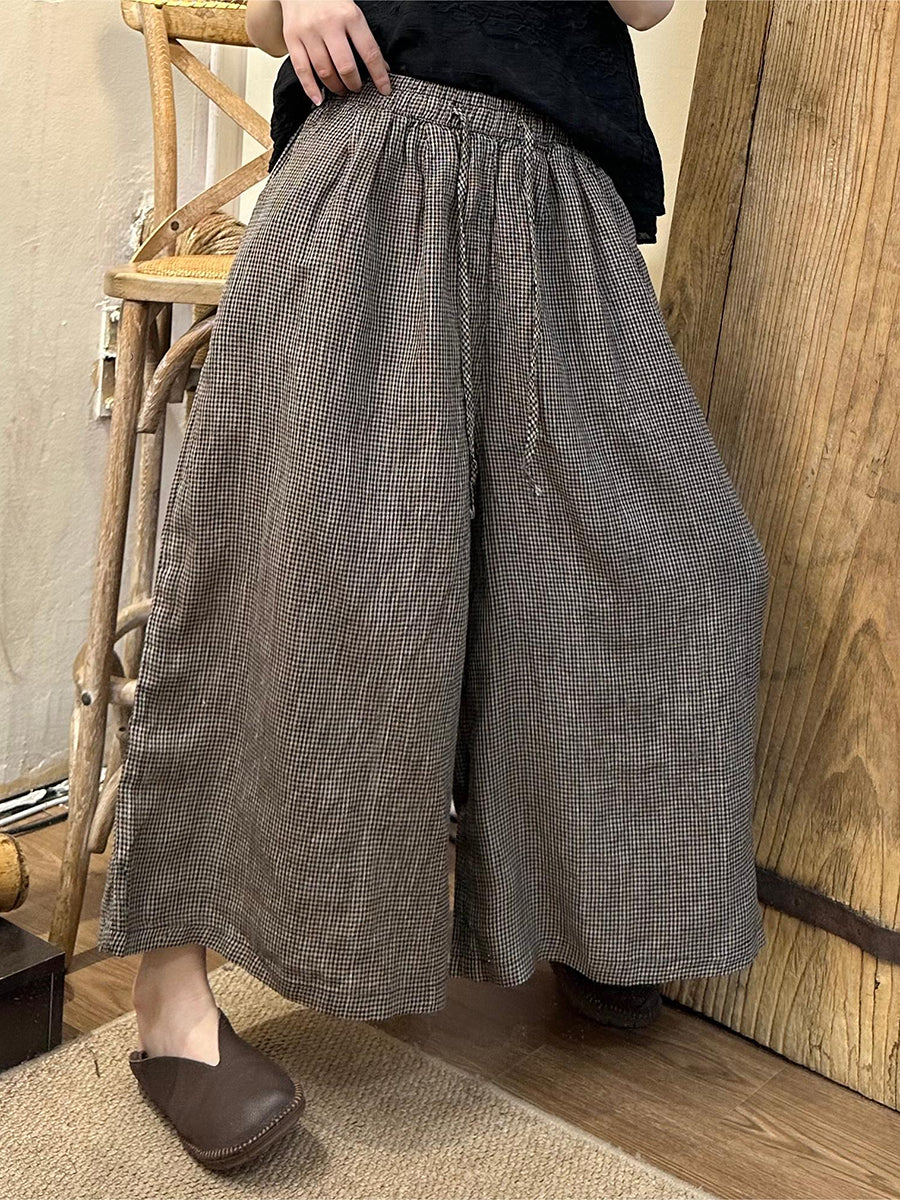 Spring Plaid Wide-leg Cotton Linen Pants Pa1024