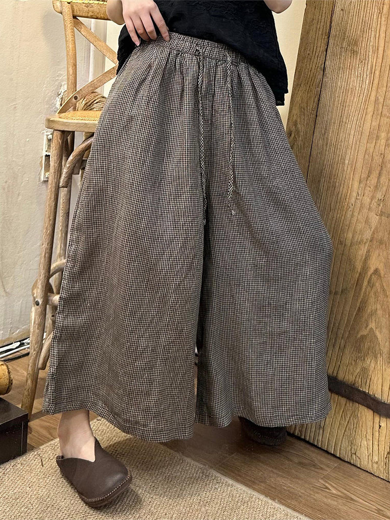 Spring Plaid Wide-leg Cotton Linen Pants Pa1024