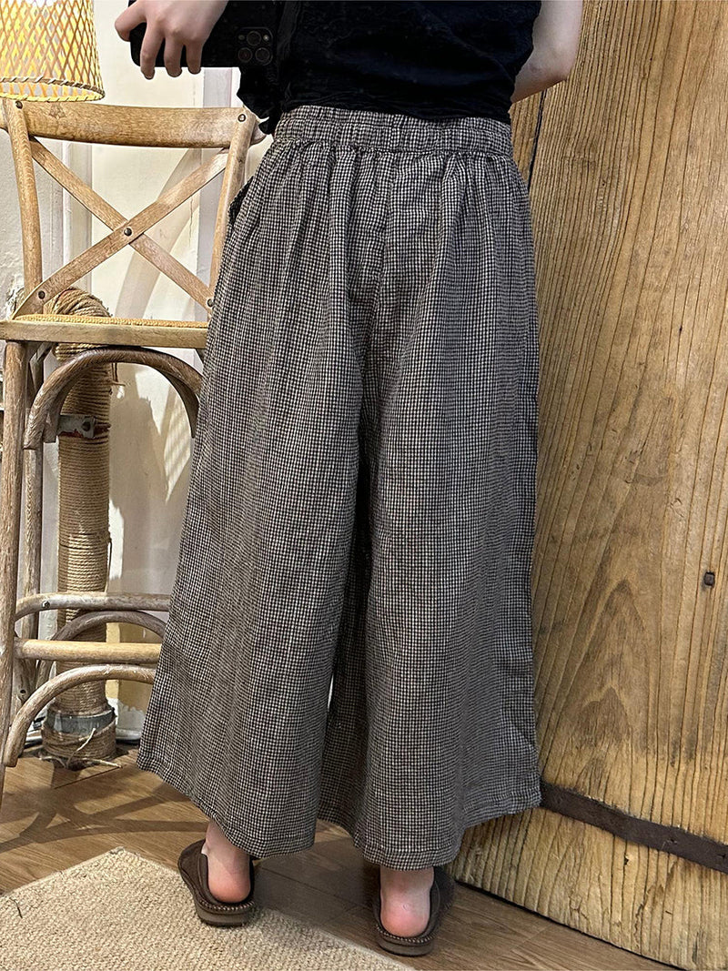 Spring Plaid Wide-leg Cotton Linen Pants Pa1024