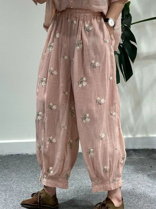 Artsy Summer Flower Embroidery Ramie Harem Pants Kl1018