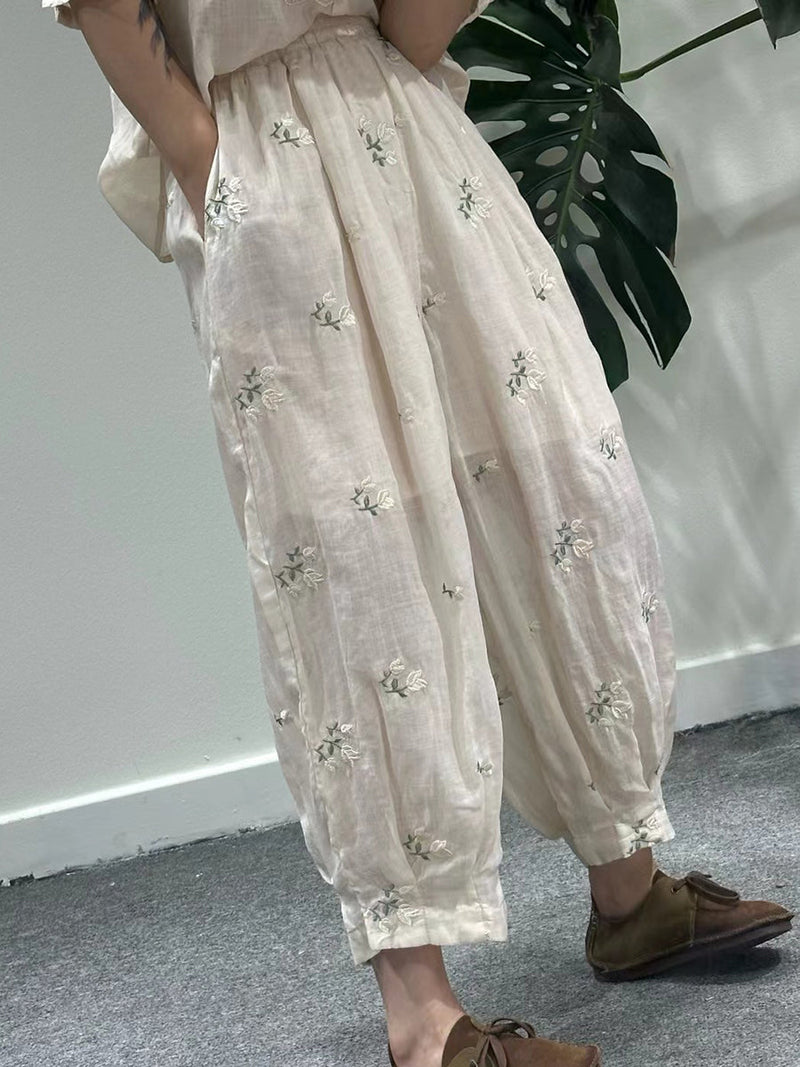 Artsy Summer Flower Embroidery Ramie Harem Pants Kl1018