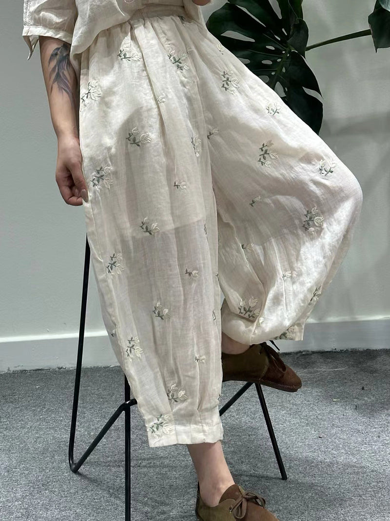 Artsy Summer Flower Embroidery Ramie Harem Pants Kl1018