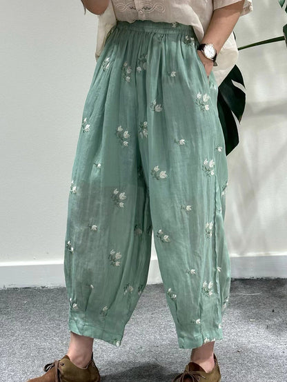 Artsy Summer Flower Embroidery Ramie Harem Pants Kl1018