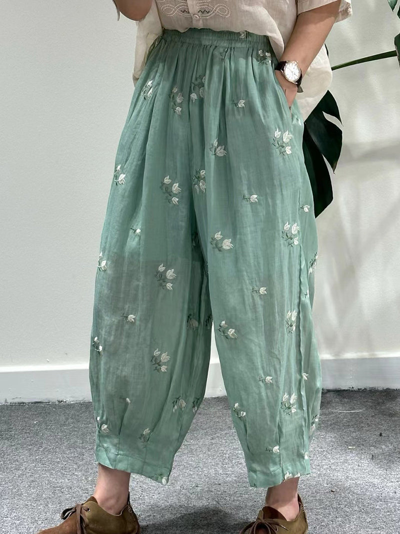 Artsy Summer Flower Embroidery Ramie Harem Pants Kl1018