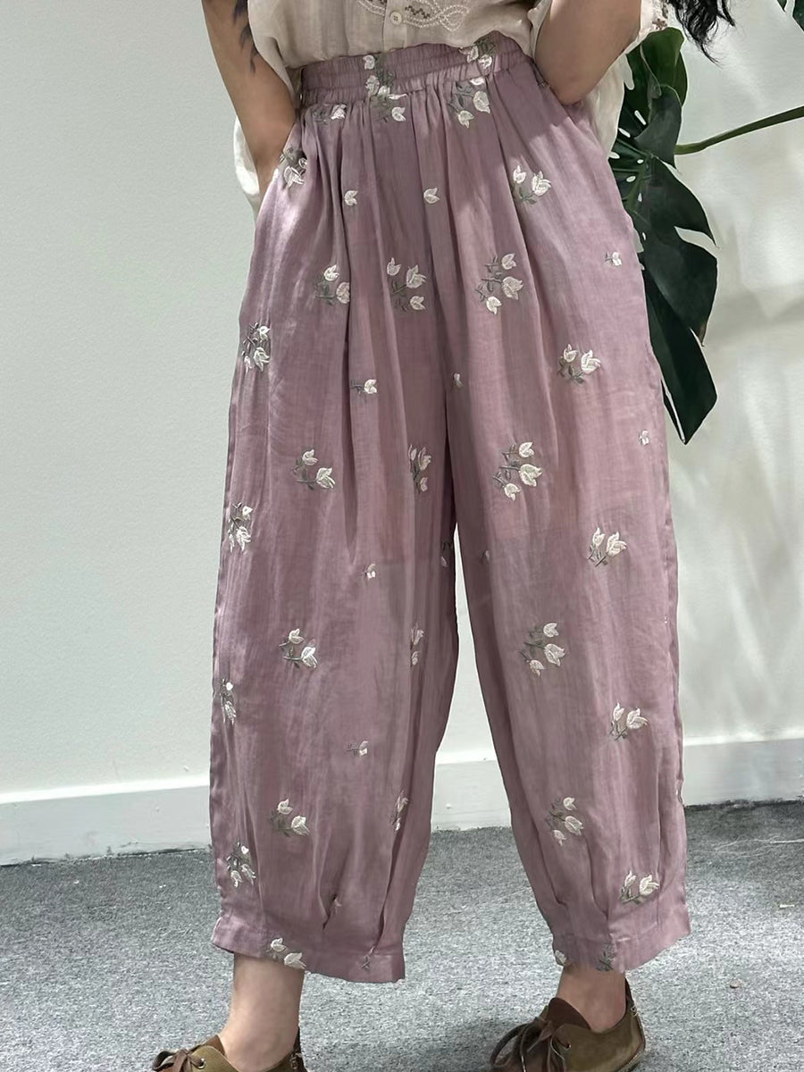 Artsy Summer Flower Embroidery Ramie Harem Pants Kl1018