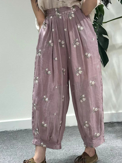 Artsy Summer Flower Embroidery Ramie Harem Pants Kl1018