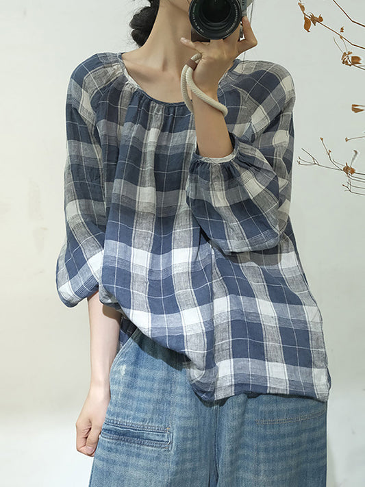 Spring Plaid Artsy Linen Loose Blouse Kl1048
