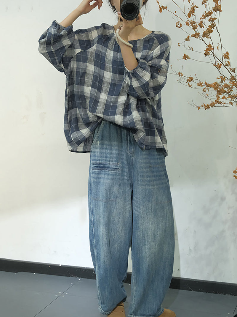 Spring Plaid Artsy Linen Loose Blouse Kl1048