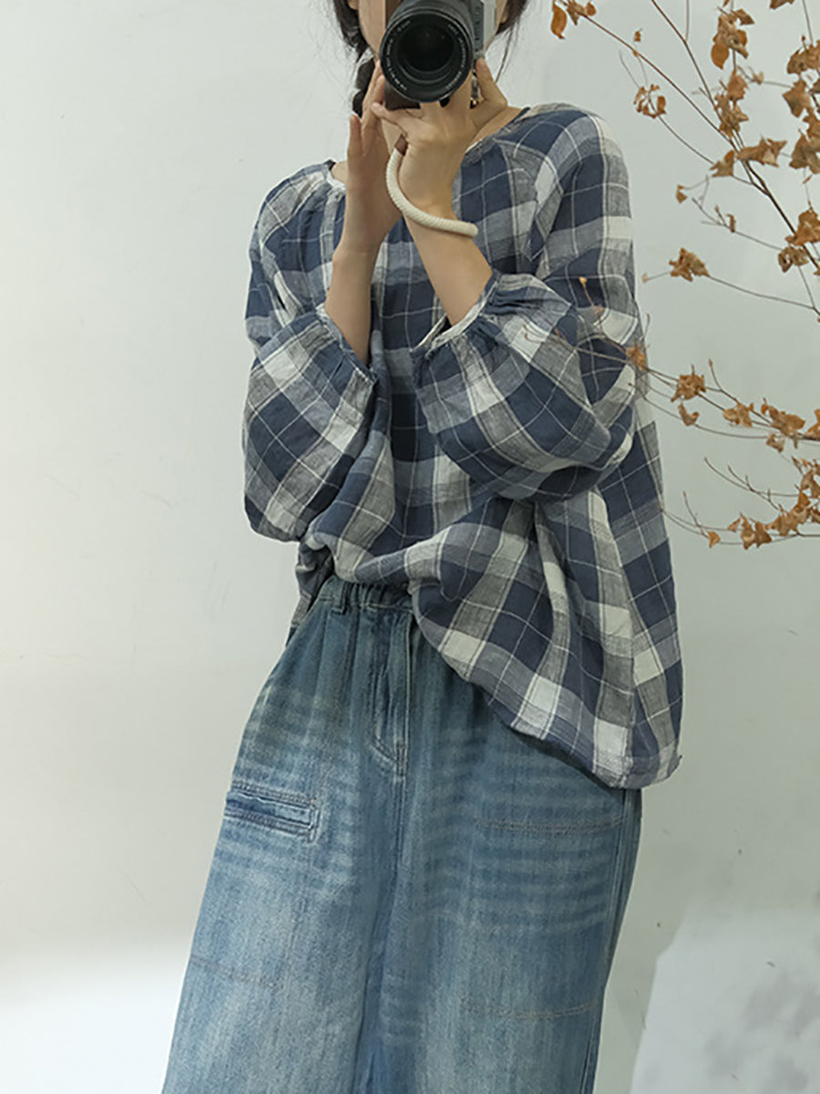 Spring Plaid Artsy Linen Loose Blouse Kl1048