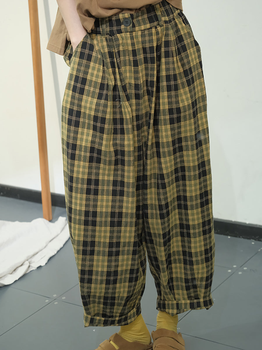 Plaid Summer Cotton Loose Harem Pants Kl1049
