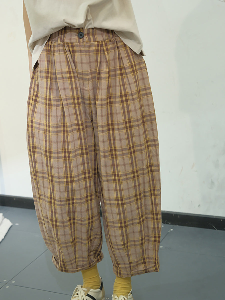 Plaid Summer Cotton Loose Harem Pants Kl1049