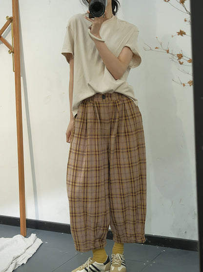 Plaid Summer Cotton Loose Harem Pants Kl1049