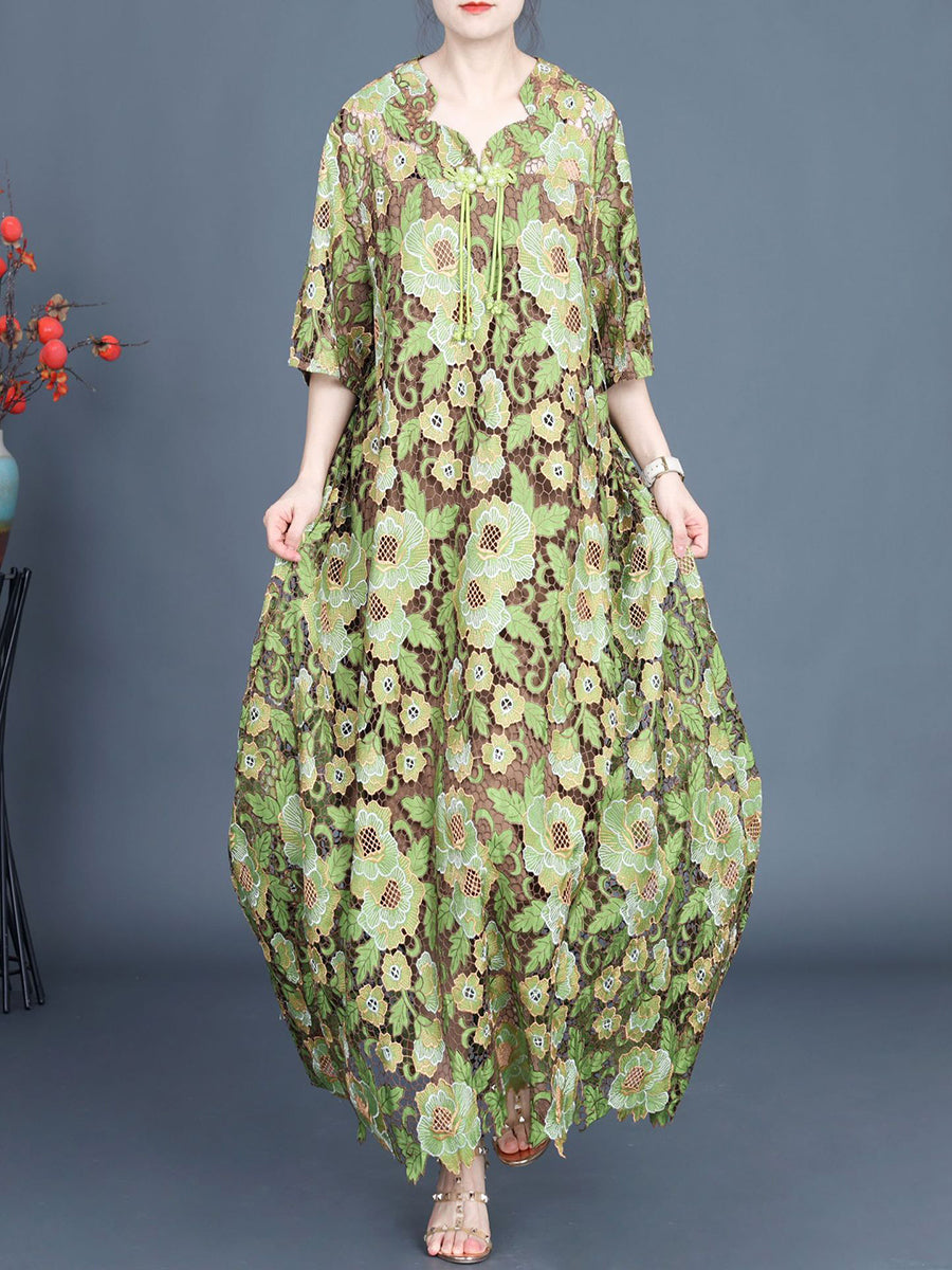 Artsy Summer Flower Lace Dual-layer Maxi Dress Kl1051