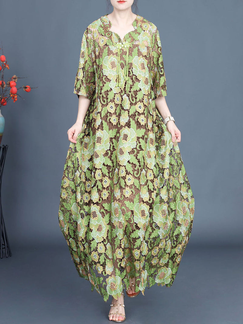 Artsy Summer Flower Lace Dual-layer Maxi Dress Kl1051